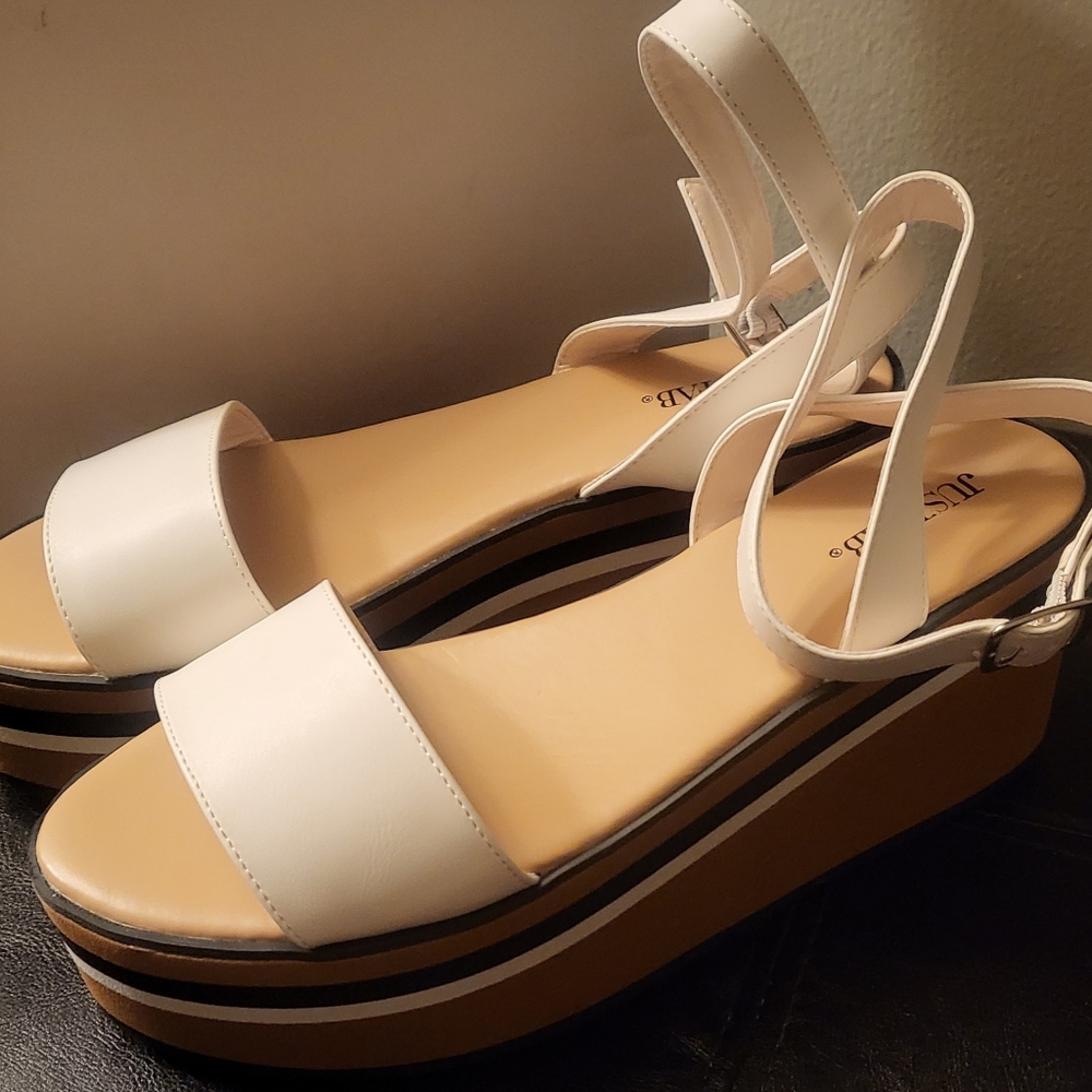White and tan platform sandals